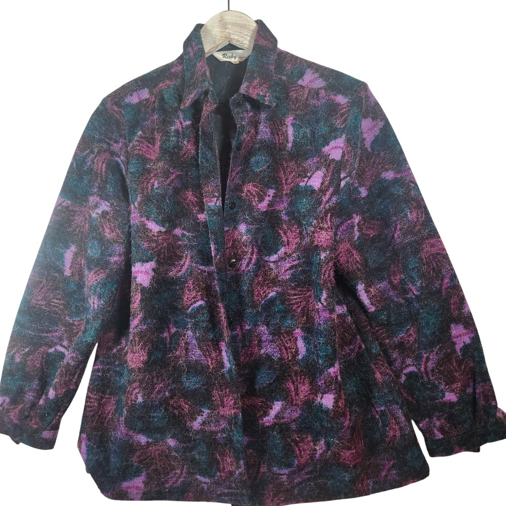Ricky Fashion Vintage Fuzzy Mohair Style Abstract Shirt Jacket Purple Teal